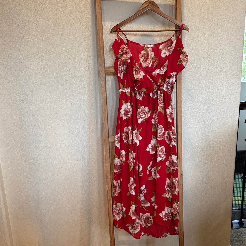 Heart Hips Red Floral Maxi Dress with Pink Blooms